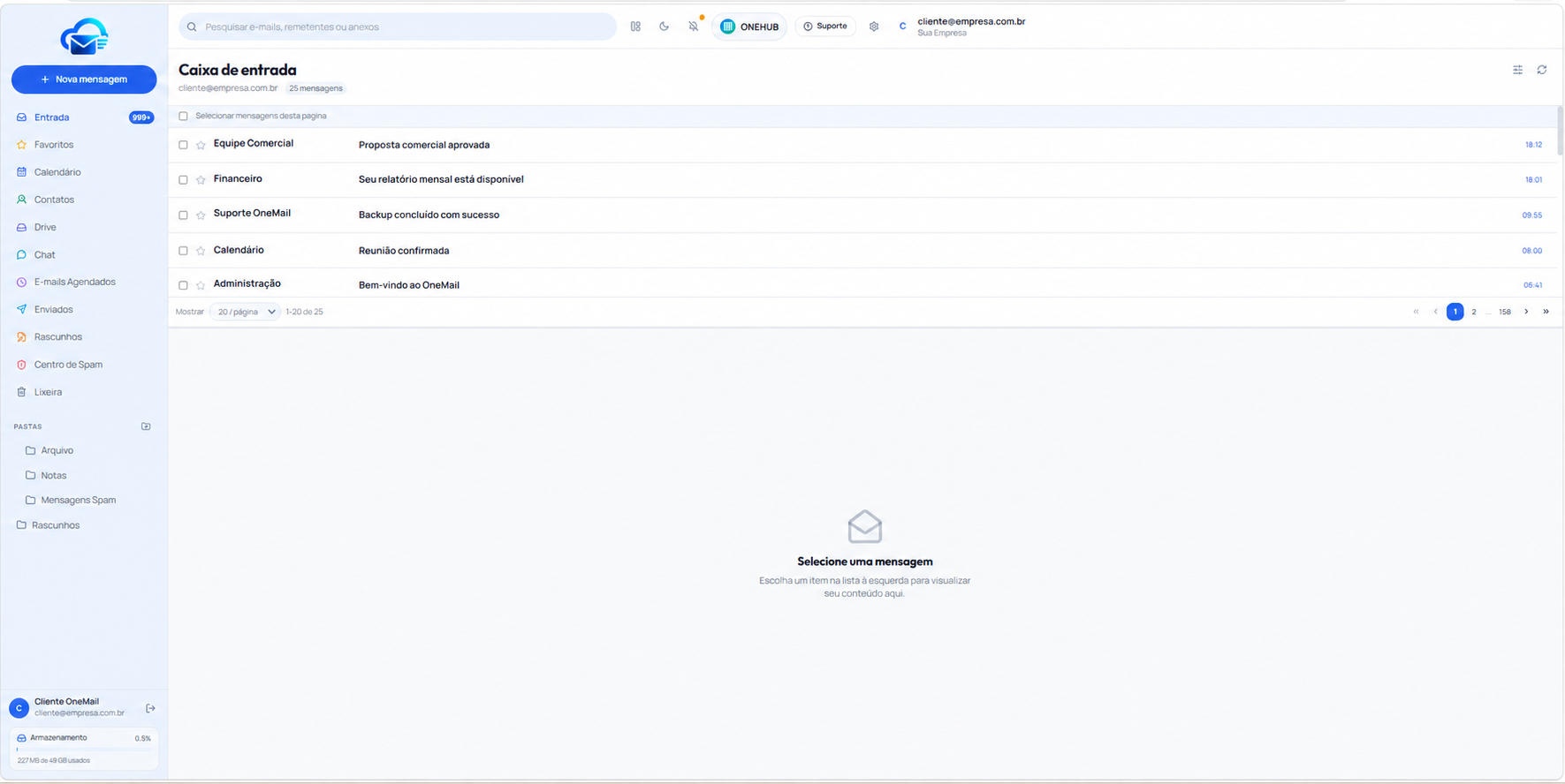 Tela real do OneMail com caixa de entrada, calendário, contatos, drive e chat